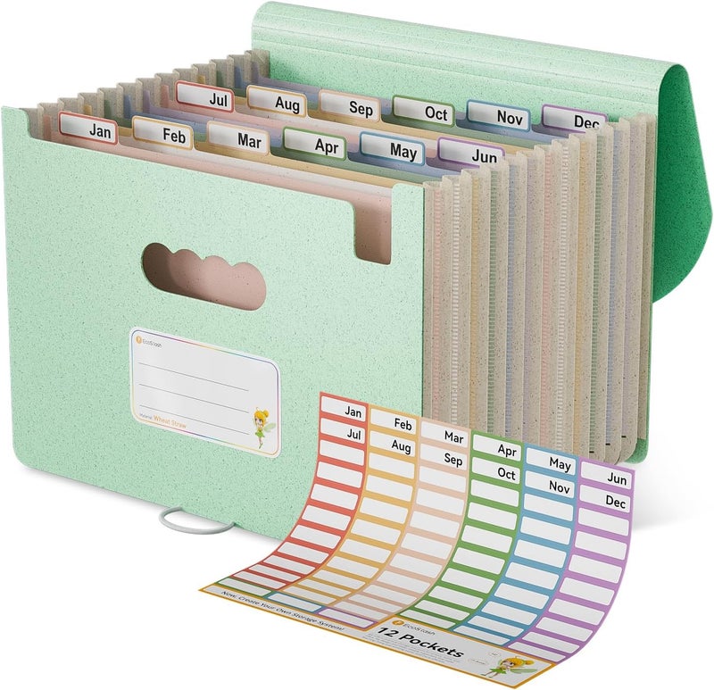 EcoStash Accordion File Organizer, 12 Pockets Wheat Straw Expanding File Folder, Portable Monthly Paper Bill Tax Receipt Organizer, Letter A4 Size Document Holder，Green Office with Colorful Tab，Mint Green - Image 1